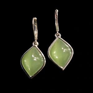 Silver Drop Earrings with Light Green cabochon-style Gemstones